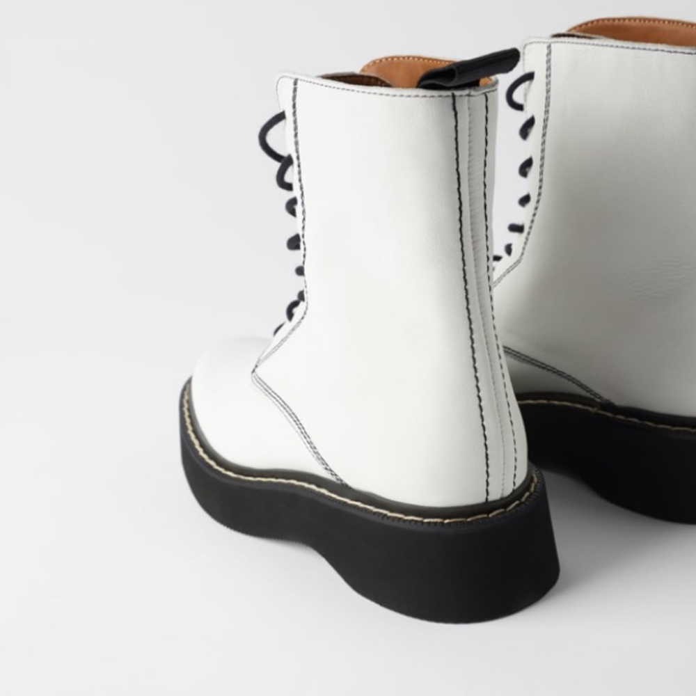 Zara white leather flat ankle boots w/ lug soles - Picture 6 of 8